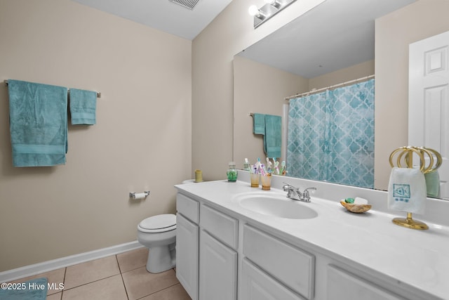 bathroom with tile patterned flooring, vanity, toilet, and walk in shower