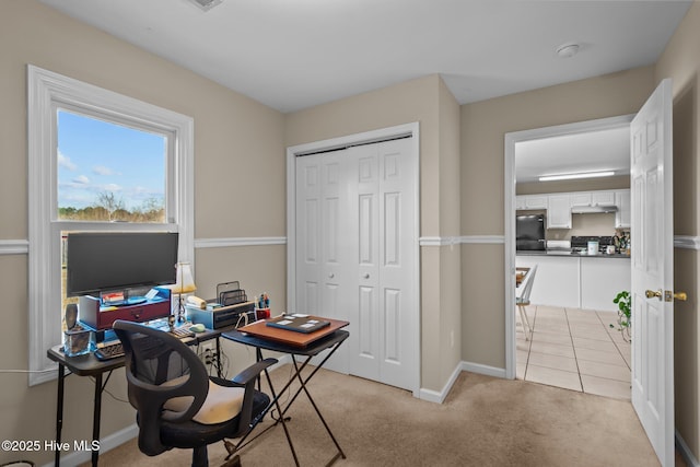 home office with light colored carpet