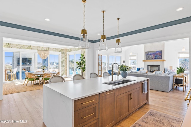 kitchen with sink, a kitchen island with sink, light hardwood / wood-style floors, and decorative light fixtures