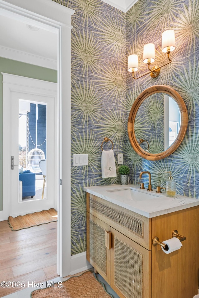 bathroom featuring vanity, ornamental molding, and hardwood / wood-style floors