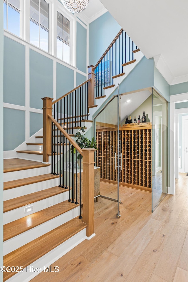 wine cellar featuring crown molding, a towering ceiling, and hardwood / wood-style flooring