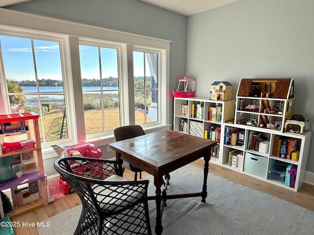 playroom featuring a water view, plenty of natural light, and hardwood / wood-style floors