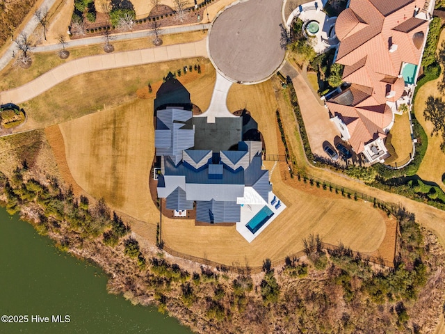 drone / aerial view featuring a water view