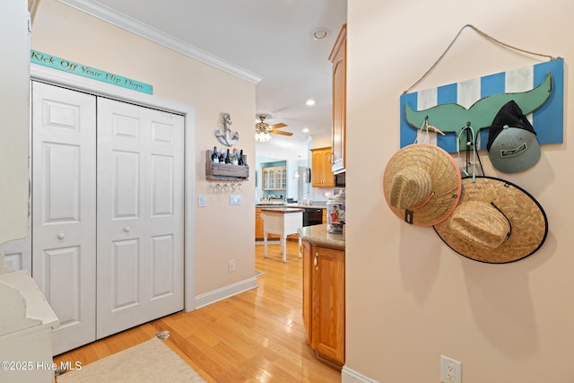 corridor featuring crown molding and light hardwood / wood-style flooring