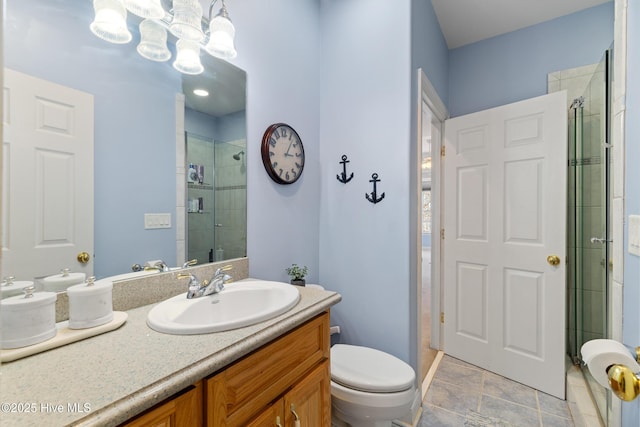 bathroom with walk in shower, vanity, toilet, and a chandelier