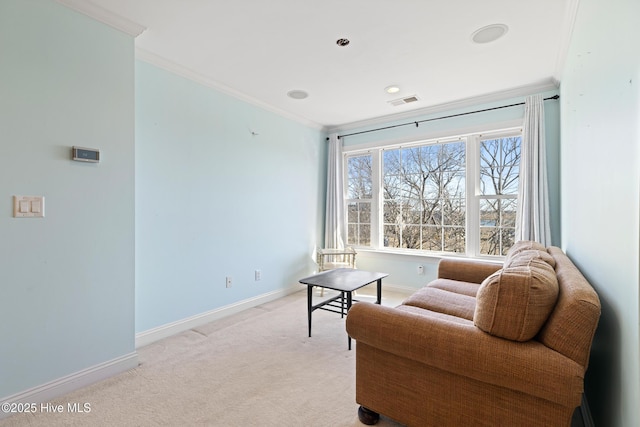 living area featuring crown molding and light colored carpet