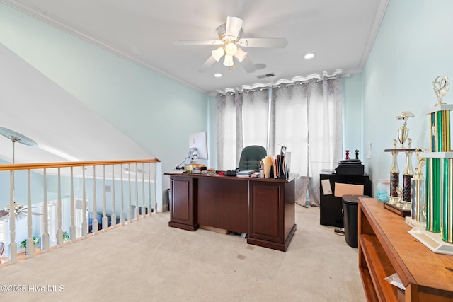 home office featuring light carpet, crown molding, and ceiling fan