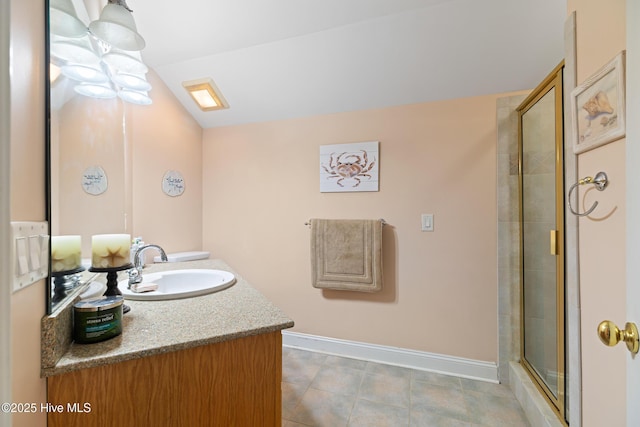 bathroom featuring vanity, an enclosed shower, tile patterned flooring, and vaulted ceiling