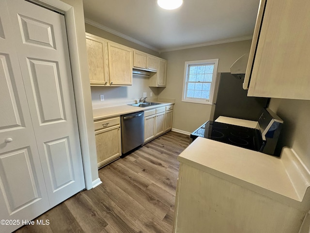 kitchen with light brown cabinetry, sink, light hardwood / wood-style flooring, ornamental molding, and stainless steel appliances