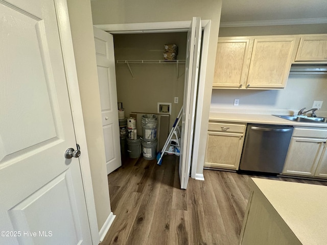 kitchen featuring sink, light hardwood / wood-style flooring, ornamental molding, light brown cabinetry, and stainless steel dishwasher