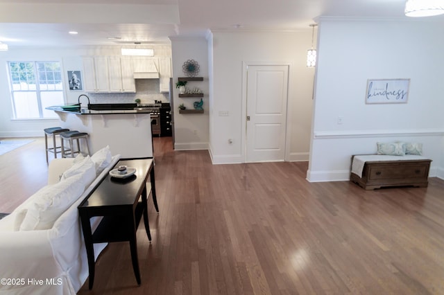 kitchen featuring a breakfast bar area, ornamental molding, dark hardwood / wood-style floors, high end stainless steel range oven, and white cabinets