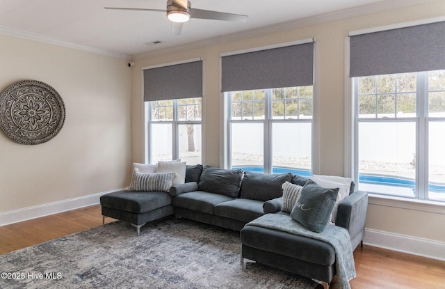 living room featuring crown molding, ceiling fan, and hardwood / wood-style floors