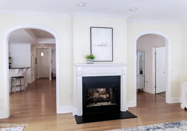 living room with hardwood / wood-style flooring, a multi sided fireplace, and crown molding