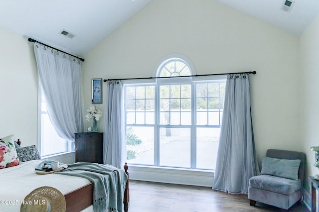 bedroom featuring multiple windows, lofted ceiling, and light wood-type flooring