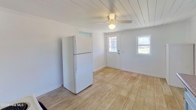 kitchen featuring wood ceiling, light hardwood / wood-style flooring, ceiling fan, and white refrigerator