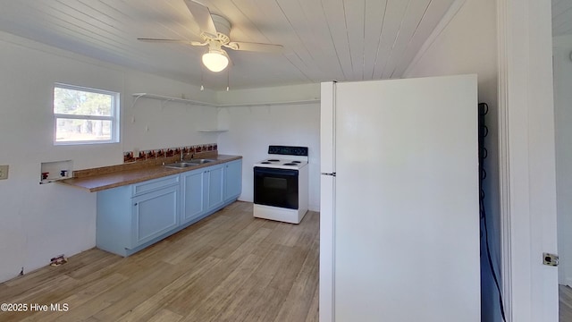 kitchen featuring sink, wood ceiling, white appliances, ceiling fan, and light hardwood / wood-style floors