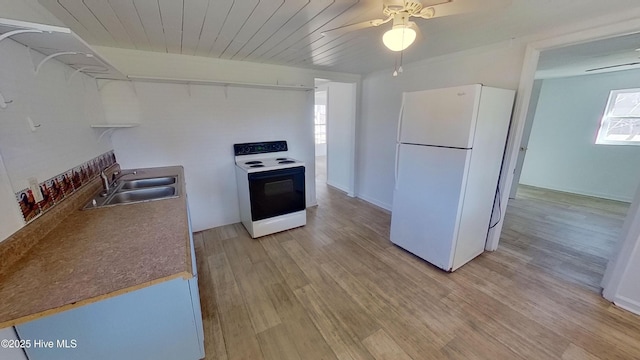 kitchen with sink, wood ceiling, white appliances, light hardwood / wood-style flooring, and ceiling fan