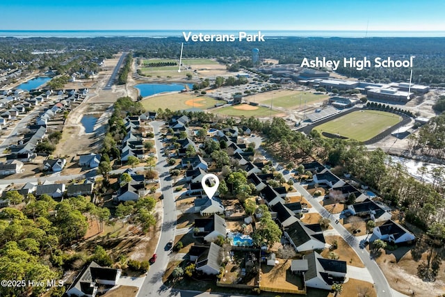 bird's eye view with a water view