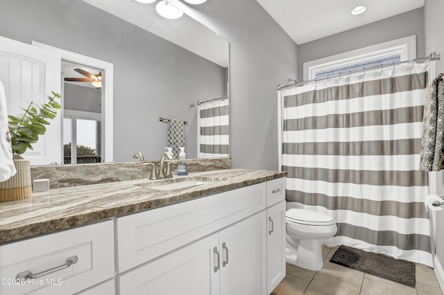 bathroom featuring ceiling fan, vanity, toilet, and tile patterned flooring