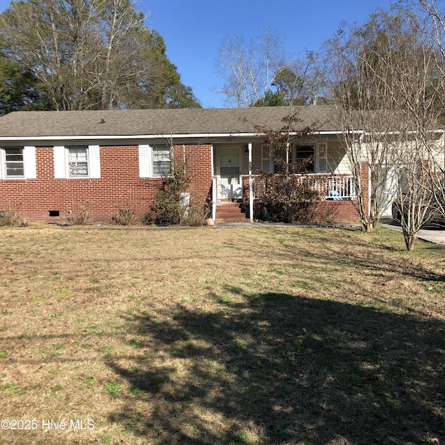 ranch-style home with a porch, roof with shingles, crawl space, a front lawn, and brick siding