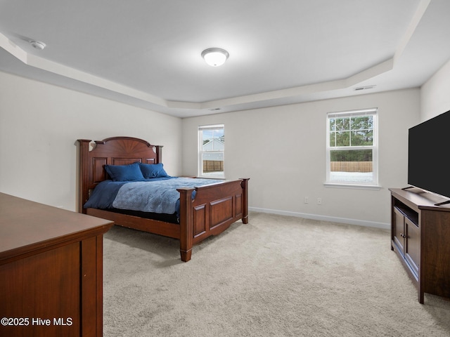 carpeted bedroom with a tray ceiling