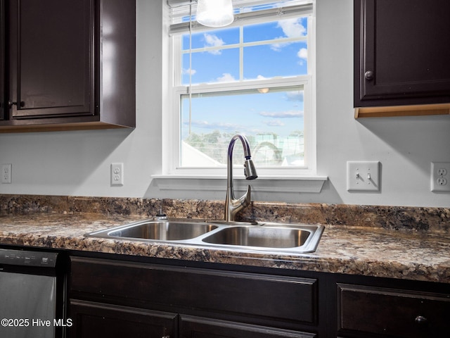 kitchen with dishwasher, sink, and dark brown cabinetry