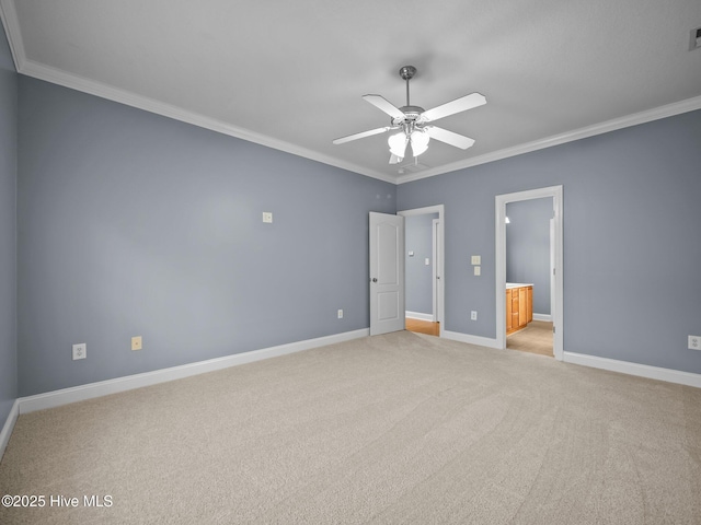 unfurnished bedroom with light colored carpet, ornamental molding, ceiling fan, and ensuite bathroom