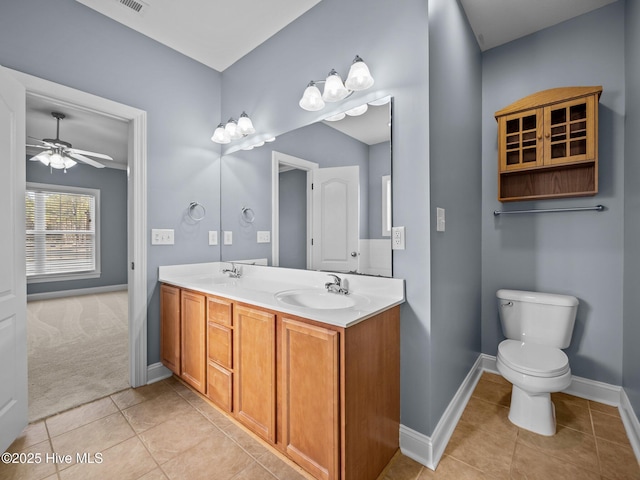 bathroom with ceiling fan, tile patterned floors, vanity, and toilet