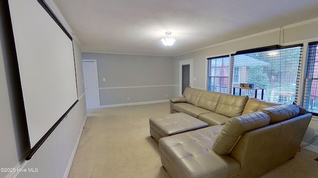 living room with light carpet, ornamental molding, and a textured ceiling