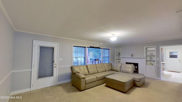 carpeted living room featuring ornamental molding, built in features, and a fireplace