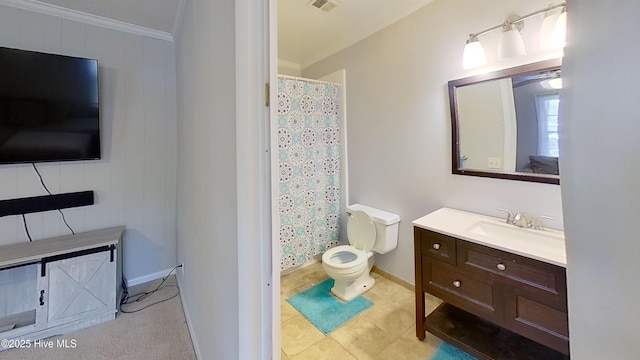 bathroom with tile patterned flooring, vanity, ornamental molding, toilet, and wood walls