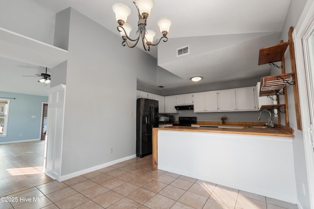 kitchen featuring a sink, black appliances, visible vents, under cabinet range hood, and white cabinets