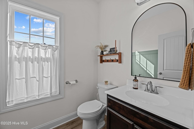 bathroom featuring vanity, wood-type flooring, and toilet