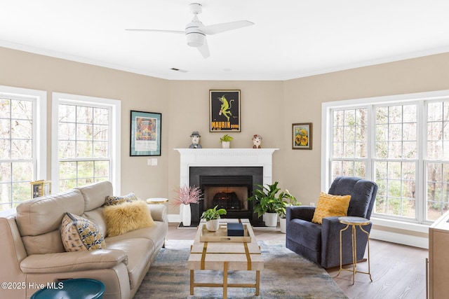 living room with a ceiling fan, wood finished floors, baseboards, a fireplace with flush hearth, and crown molding