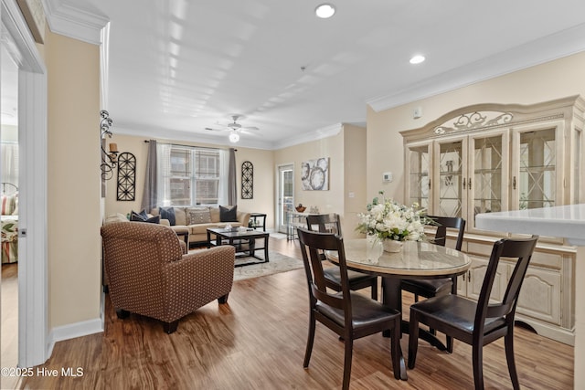 dining space featuring crown molding, ceiling fan, and light wood-type flooring