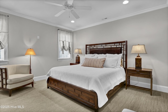 bedroom featuring baseboards, recessed lighting, crown molding, and visible vents