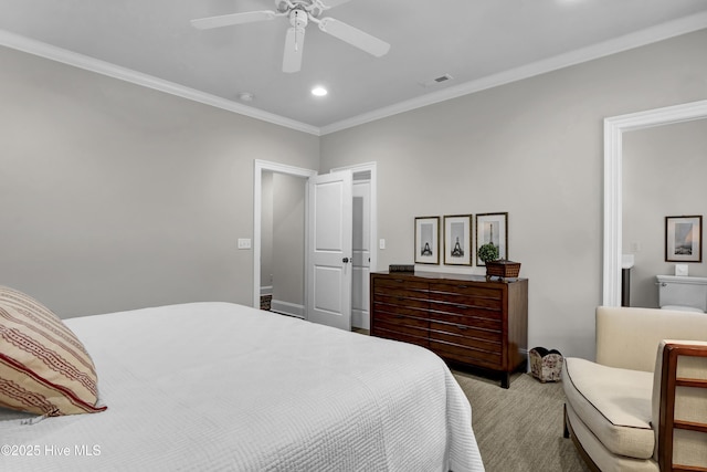 bedroom with a ceiling fan, recessed lighting, ornamental molding, visible vents, and light colored carpet