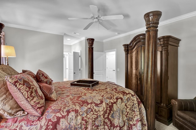 bedroom with crown molding, ceiling fan, visible vents, and recessed lighting
