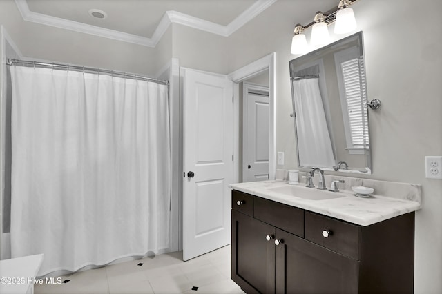bathroom with vanity, crown molding, and curtained shower