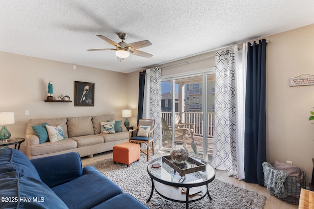 1505 Carolina Beach Ave N Unit 2F, Carolina Beach, NC 28428 - living area with ceiling fan, wood finished floors, and a textured ceiling