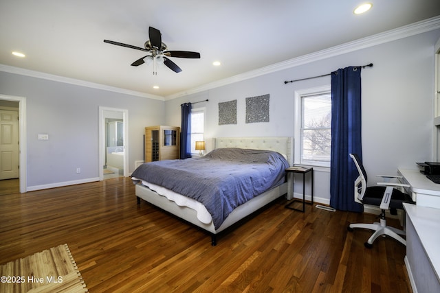 bedroom featuring dark hardwood / wood-style flooring, connected bathroom, ornamental molding, and ceiling fan