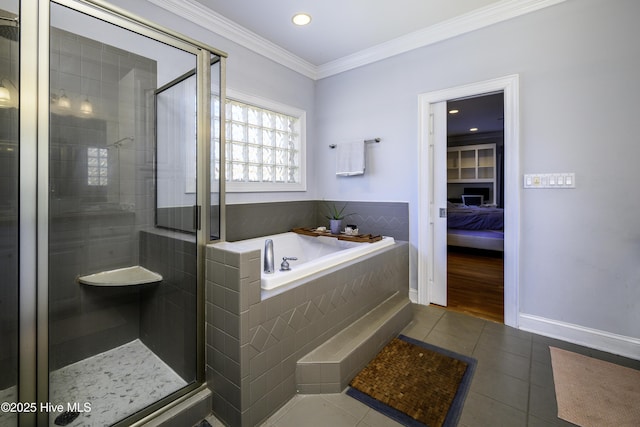 bathroom with independent shower and bath, ornamental molding, and tile patterned floors