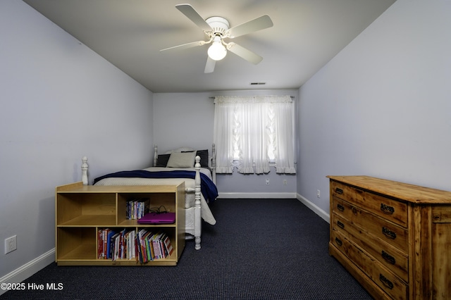 bedroom with dark carpet and ceiling fan