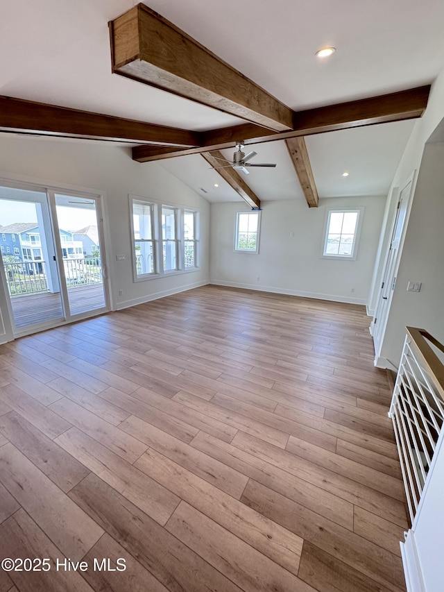 36 Fairmont St, Ocean Isle Beach, NC 28469 - unfurnished living room featuring a ceiling fan, light wood-type flooring, baseboards, and recessed lighting