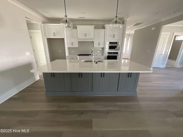 kitchen with wood finished floors, baseboards, a large island with sink, and white cabinets