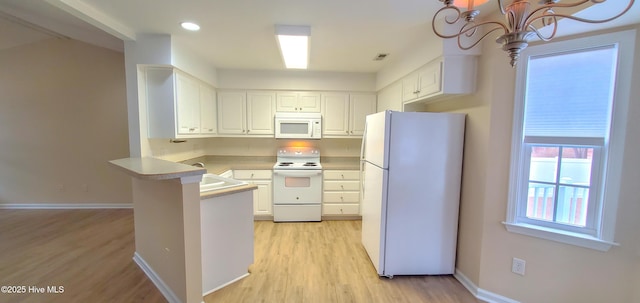 kitchen featuring white cabinetry, white appliances, light hardwood / wood-style floors, and kitchen peninsula