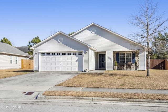 single story home with concrete driveway, covered porch, fence, and an attached garage