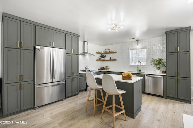 kitchen featuring a breakfast bar area, gray cabinetry, stainless steel appliances, a center island, and wall chimney exhaust hood