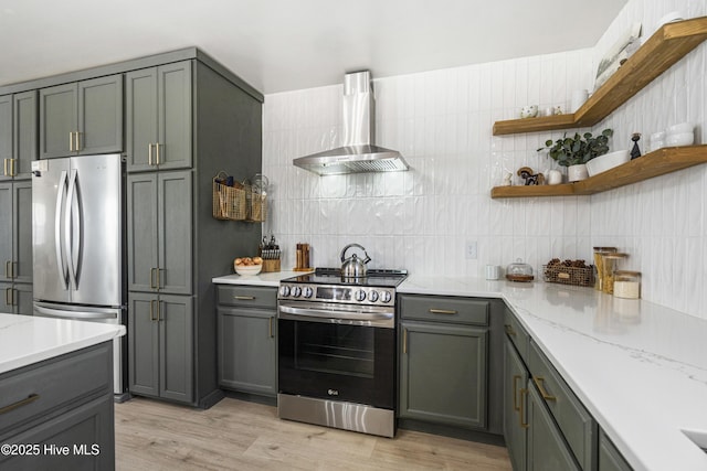 kitchen featuring stainless steel appliances, light stone countertops, wall chimney range hood, and decorative backsplash