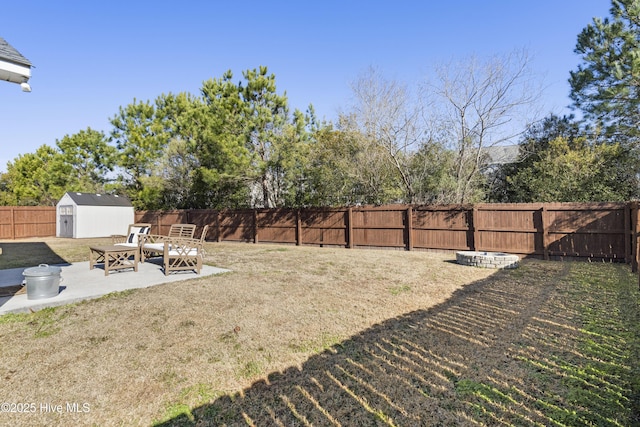 view of yard with a patio area and a storage unit